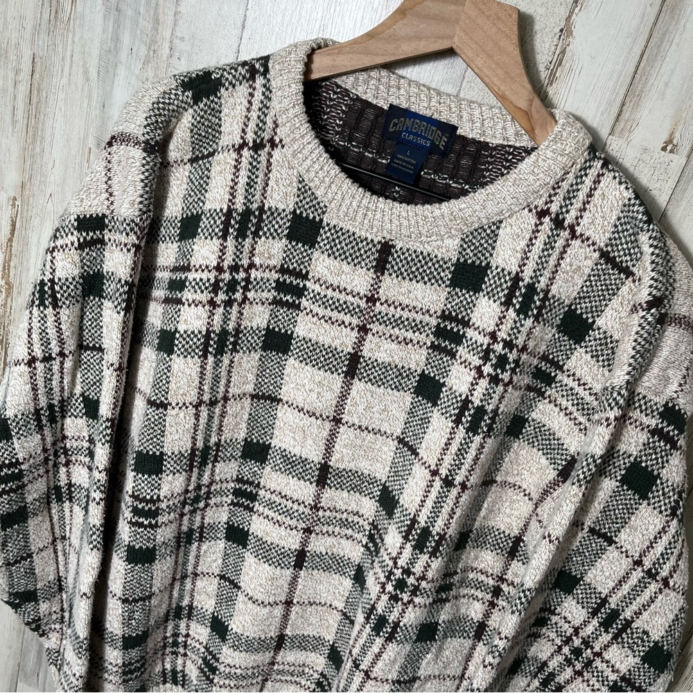Vintage 90s Grandpa Cottage Plaid Holiday Knit Crewneck Sweater Mens Size Large